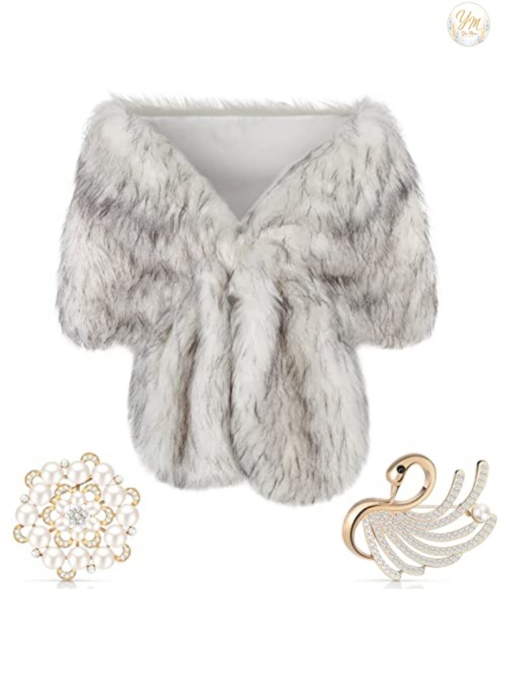 Faux Fur Shawl Wrap with Pearl Rhinestone Brooches